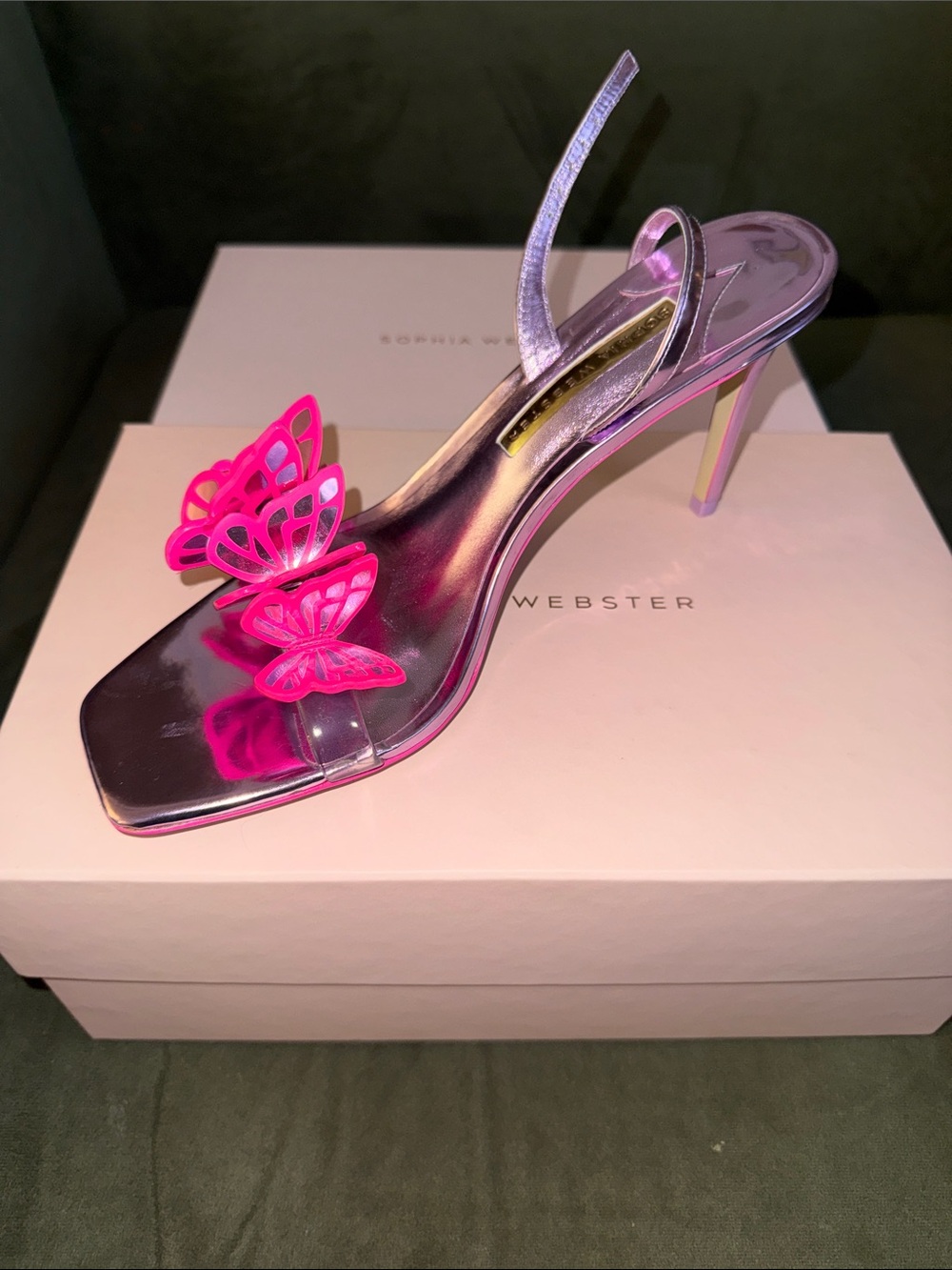 Sophia Webster Metallic Lilac Slingback Heel with Hot Pink Butterfly Accents